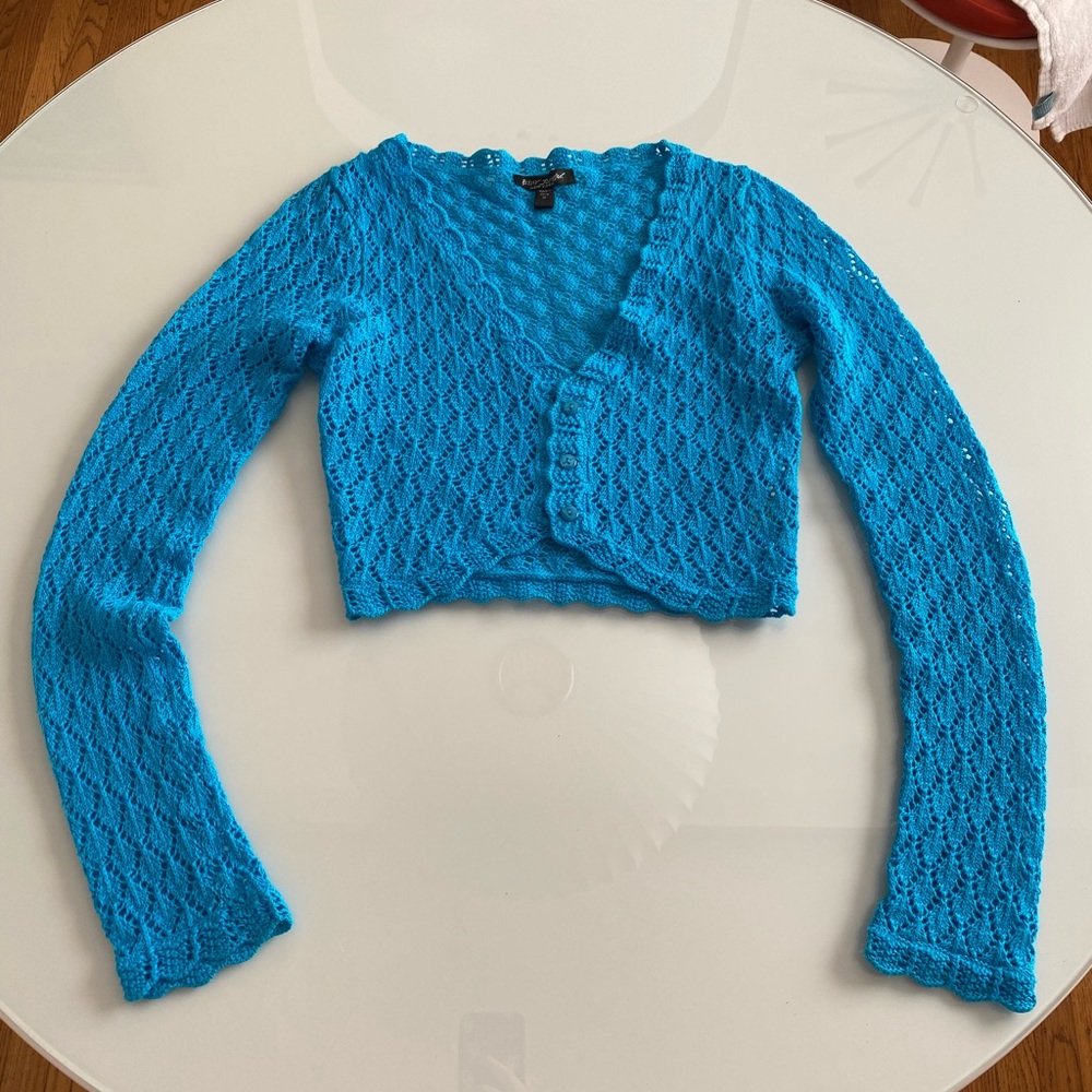 NWOT Betsey Johnson Y2K Blue Crochet Knit Bolero Cropped Sweater Size M